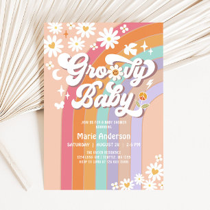 Invitation Baby Shower Hippie Rétro Années 70 Fleur Rose Arc-