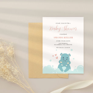 Invitation Baby shower Hippo Bleu Cute