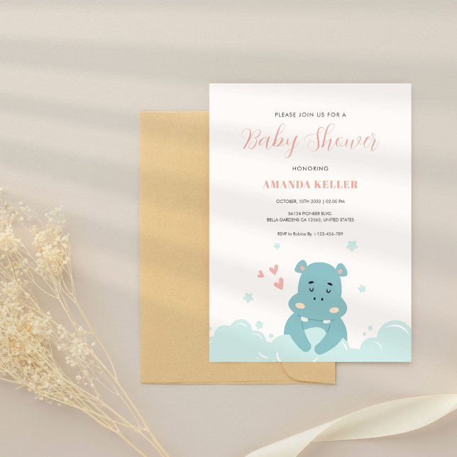 Invitation Baby shower Hippo Bleu Cute (Créateur téléchargé)