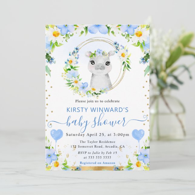 Invitation Baby shower Hippo de la Jungle d'Aquarelle (Debout devant)