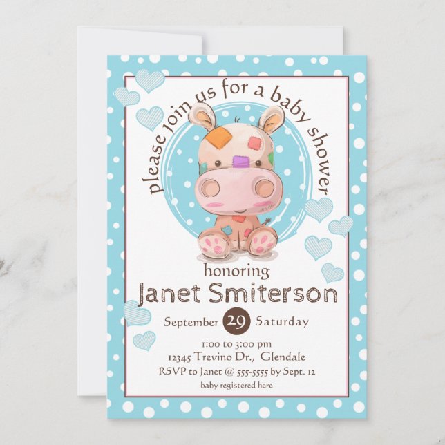 Invitation Baby shower Hippo en Patchwork, bleu (Devant)
