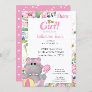 Invitation Baby shower Hippo Floral Rose mignon
