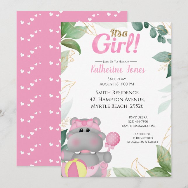 Invitation Baby shower Hippo Or Rose Cute (Devant / Derrière)