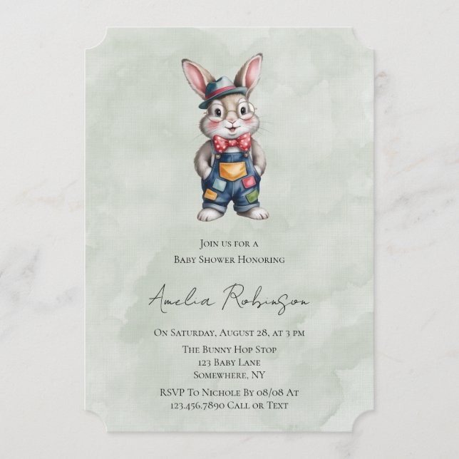 Invitation Baby Shower Hipster Lapin Garçon  (Devant)