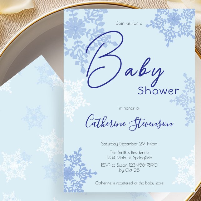 Invitation Baby Shower Hiver Flocon de Neige Bleu Moderne (Créateur téléchargé)