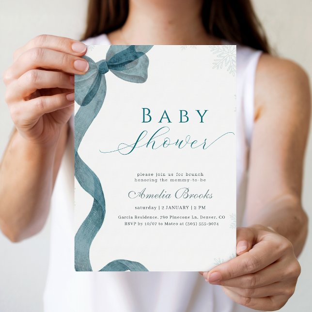 Invitation Baby Shower Hiver Flocon de Neige Ruban Bleu Moder (Créateur téléchargé)