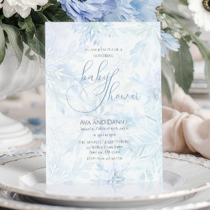 Invitation Baby Shower Hiver Garçon Flocon de Neige Bleu