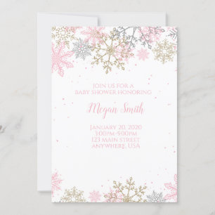 Invitation Baby Shower Hiver Paillettes Rose et Or Flocon de 