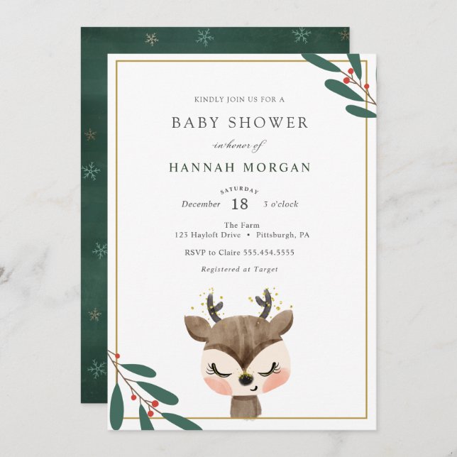 Invitation Baby shower hiver Reindeer (Devant / Derrière)