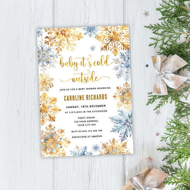 Invitation Baby shower hivernal flocon d'or (Créateur téléchargé)