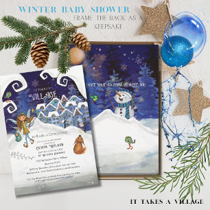 Invitation Baby Shower Hivernal "Il Faut un Village" Bleu Gla