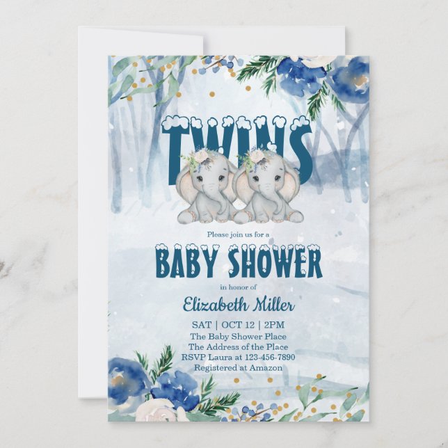 Invitation Baby shower hivernal Twin Elephants (Devant)