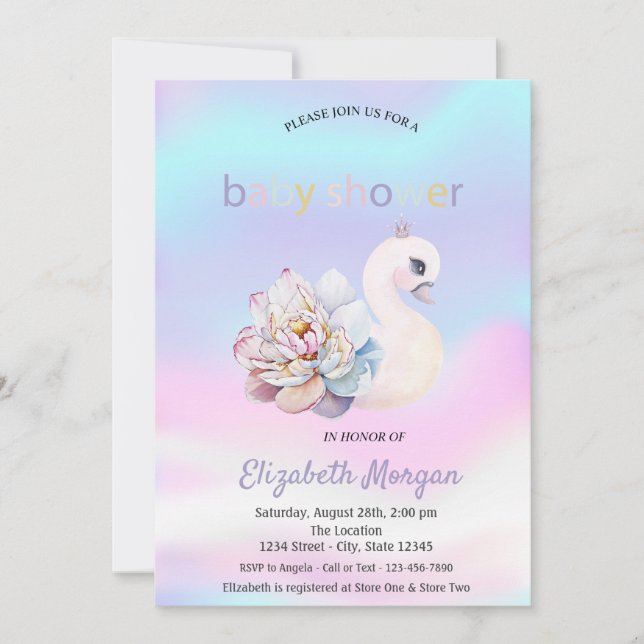 Invitation Baby shower holographique à fleurs de cygne adorab (Devant)