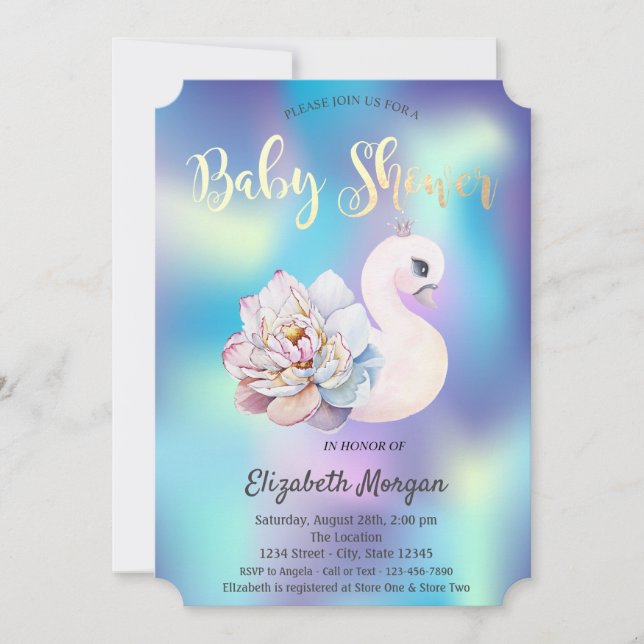 Invitation Baby shower holographique du cygne floral mignon (Devant)