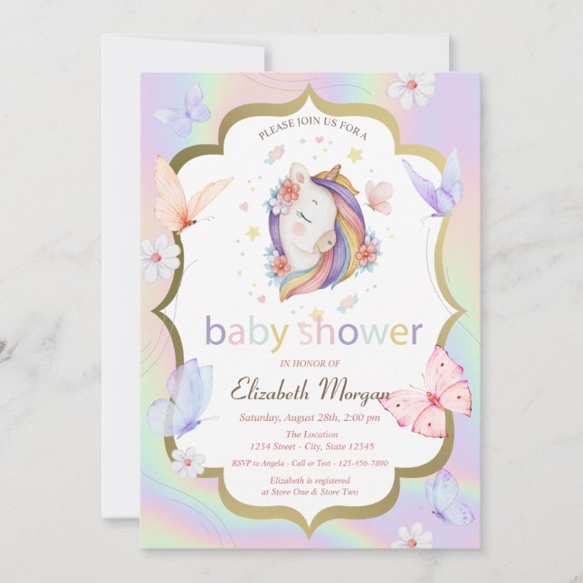 Invitation Baby shower holographique du papillon Unicorn flor (Devant)