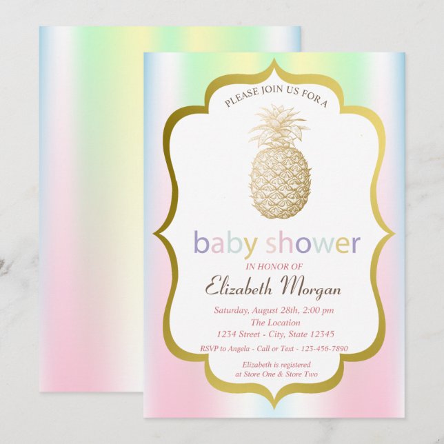 Invitation Baby shower holographique Tropical de l'ananas d'o (Devant / Derrière)