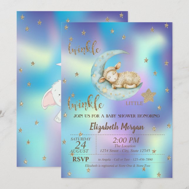 Invitation Baby shower holographique Twinkle Little Sheep Sta (Devant / Derrière)