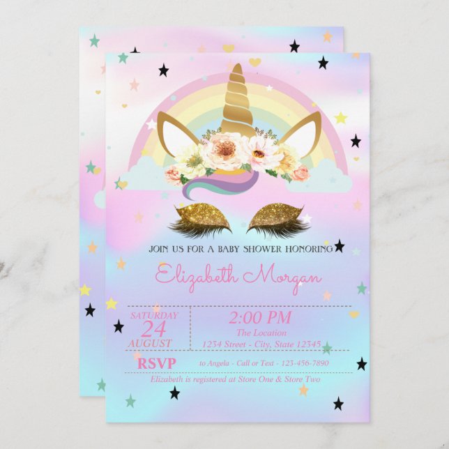Invitation Baby shower holographique Unicorn Floral Rainbow (Devant / Derrière)