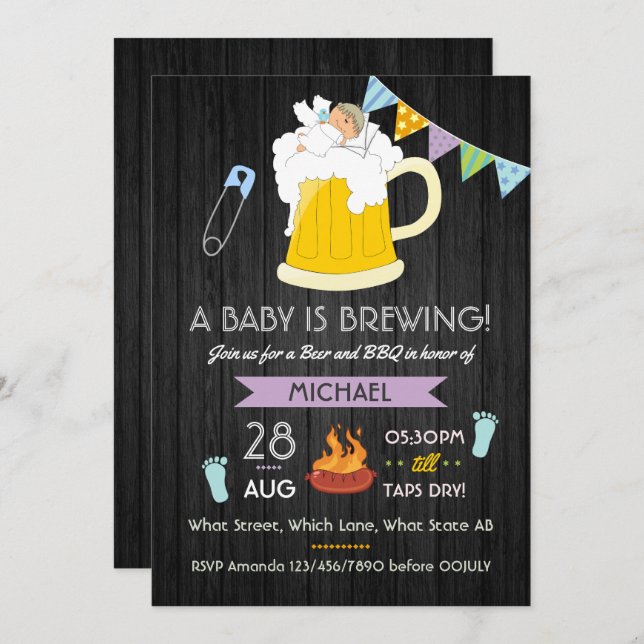Invitation Baby shower homme Dadchelor Beer et BBQ Party (Devant / Derrière)