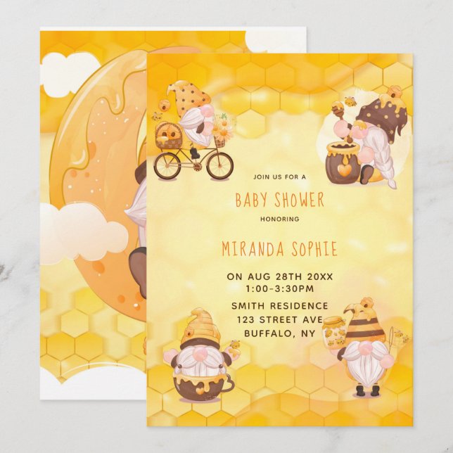 Invitation Baby shower Honeypeb Bees Gnomes (Devant / Derrière)