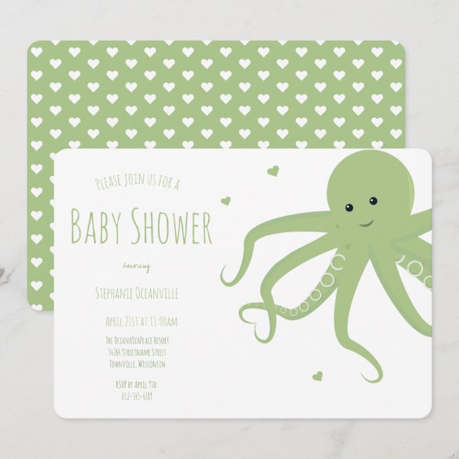 Invitation Baby shower horizontal mignon octopus coeur vert (Devant / Derrière)