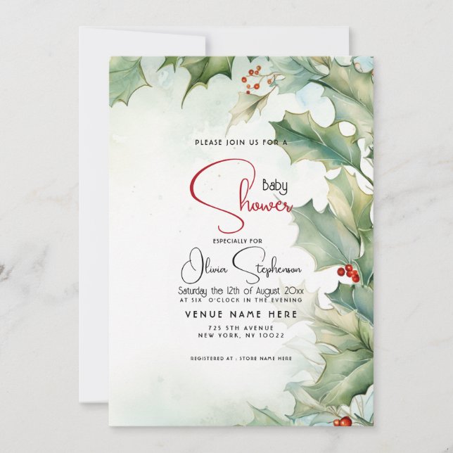 Invitation Baby Shower - Houx et Baies d'Hiver (Devant)