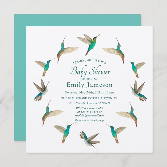 Invitation Baby shower Hummingbirds (Devant / Derrière)