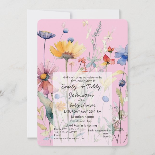 Invitation baby shower "Hunny" Fleur sauvage Pastel Rose Girl (Devant)