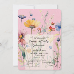 Invitation baby shower "Hunny" Fleur sauvage Pastel Rose Girl