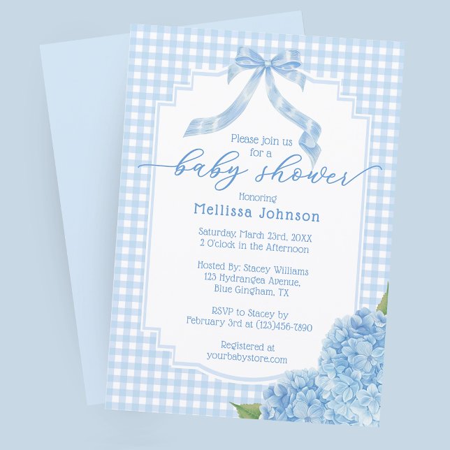 Invitation Baby Shower Hydrangea à carreaux Gingham Bleu (Créateur téléchargé)