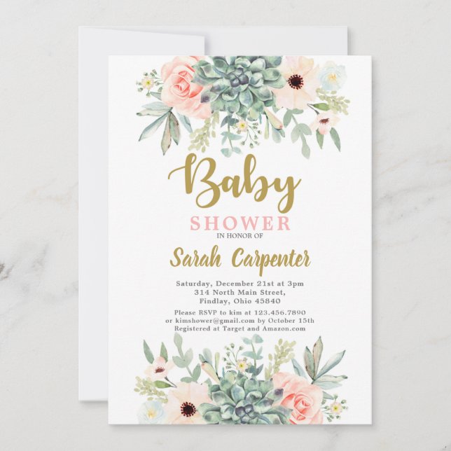 Invitation Baby shower hydrocoloré à fleurs Succulents (Devant)