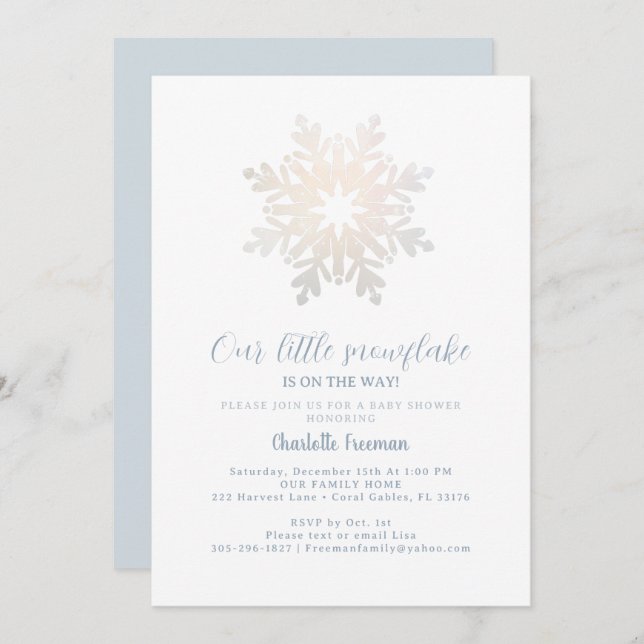 Invitation Baby shower Icy Blue Snowflake (Devant / Derrière)