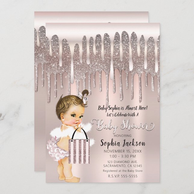 Invitation Baby shower Icy Rose Rose Diamond Parties scintill (Devant / Derrière)