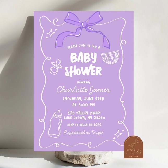 Invitation Baby shower illustré ironique de pourpre Bow (Créateur téléchargé)