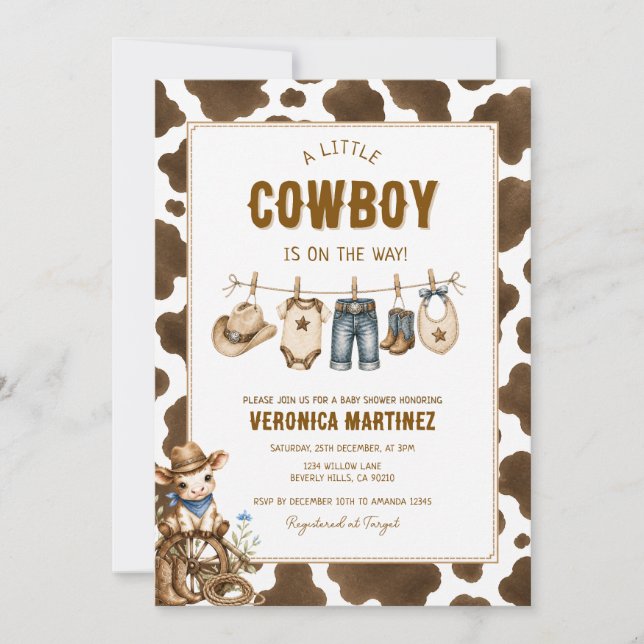 Invitation Baby Shower Impression Vache Marron Rustique  (Devant)