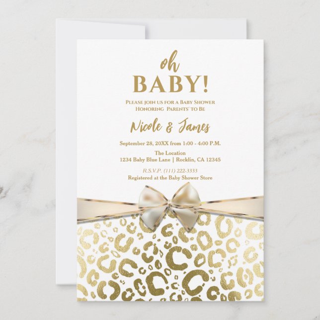 Invitation Baby Shower Imprimé Léopard Glam Or et Blanc (Devant)