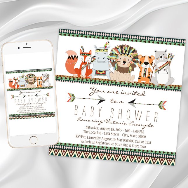 Invitation Baby shower indien autochtone d'animaux tribaux (Adorable tribal baby shower invitation. Instant download and printed invitations available.)