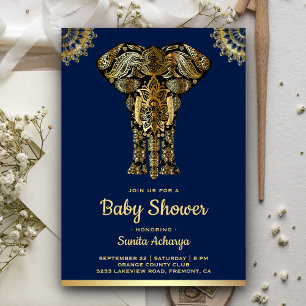 Invitation Baby shower indien Blue Gold Elephant