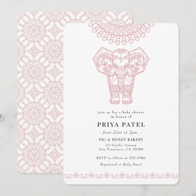 Invitation Baby shower indien rose éléphant (Devant / Derrière)