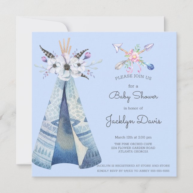Invitation Baby shower indien Teepee Feathers Fleurs Bleu (Devant)