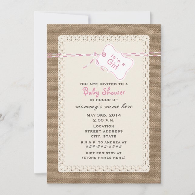 Invitation Baby shower inspiré par Burlap Lace et Twine Rose (Devant)
