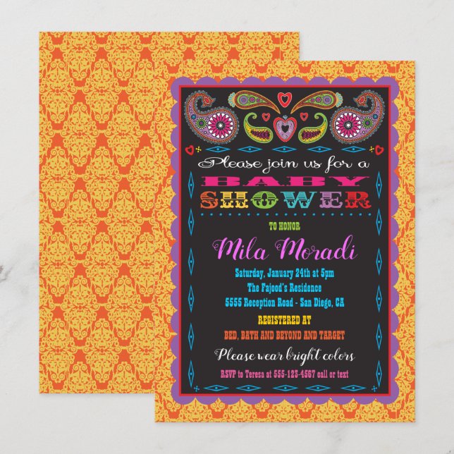 Invitation Baby shower inspiré par l'Inde de Bollywood (Devant / Derrière)