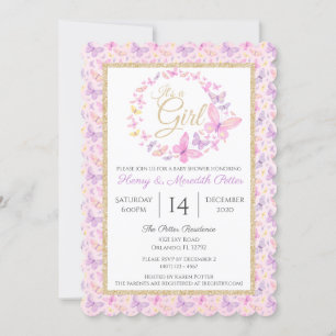 Invitation Baby shower Invita des filles aux papillons roses