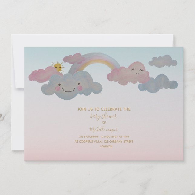 Invitation Baby shower-invitation-arc-en-ciel thème-aquarelle (Devant)