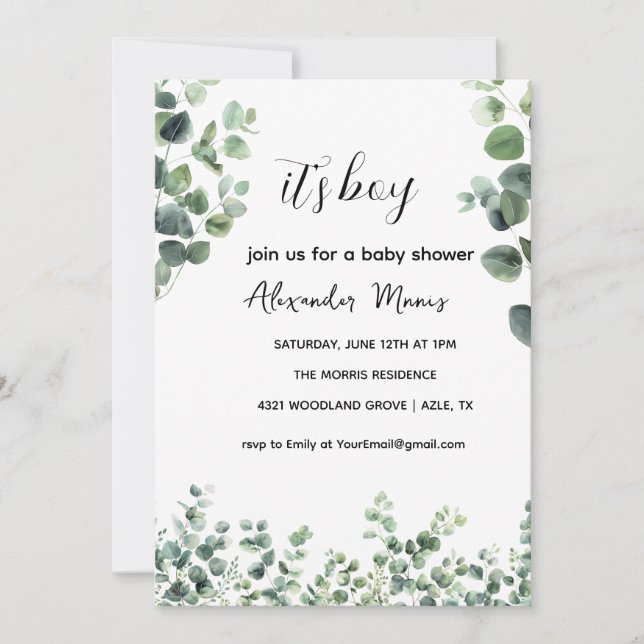 Invitation Baby shower Invitation, Eucalyptus Thème de verdur (Devant)
