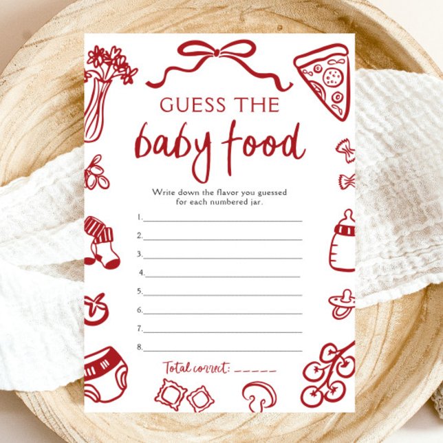 Invitation Baby Shower Italien Dessiné à la Main - Devinez la (Hand Drawn Italian Baby Shower Guess The Baby Food Game)