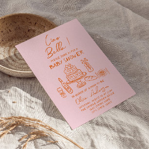 Invitation Baby shower italien retro orange rose main dessiné