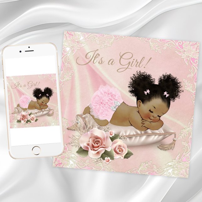 Invitation Baby shower Ivory Blush Afro-Américain (Blush pink baby shower invitation with African baby girl on a pretty pillow and lace background.)
