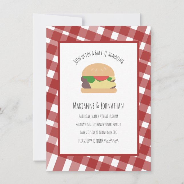 Invitation Baby shower Jardin BBQ Hamburger Plaqué Rouge (Devant)