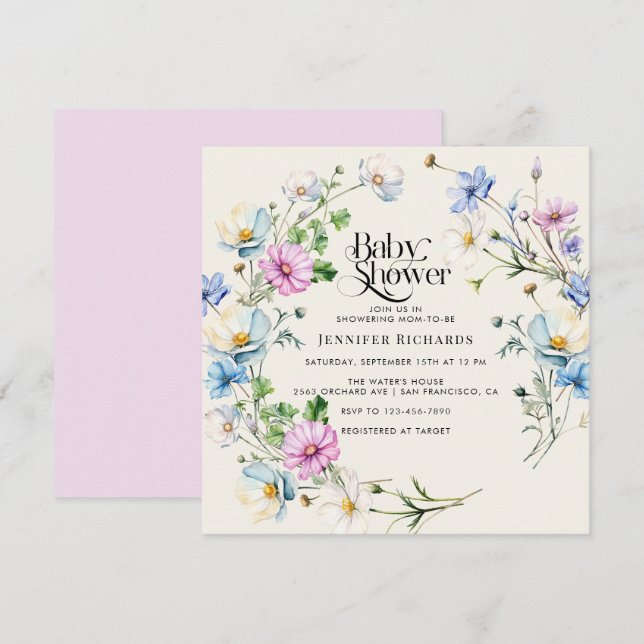 Invitation Baby shower Jardin fleur sauvage Fleur Anémonique (Devant / Derrière)